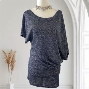 Express Early 2000's Asymmetric Silver Black Glitter Wide Bat Sleeve Top S
